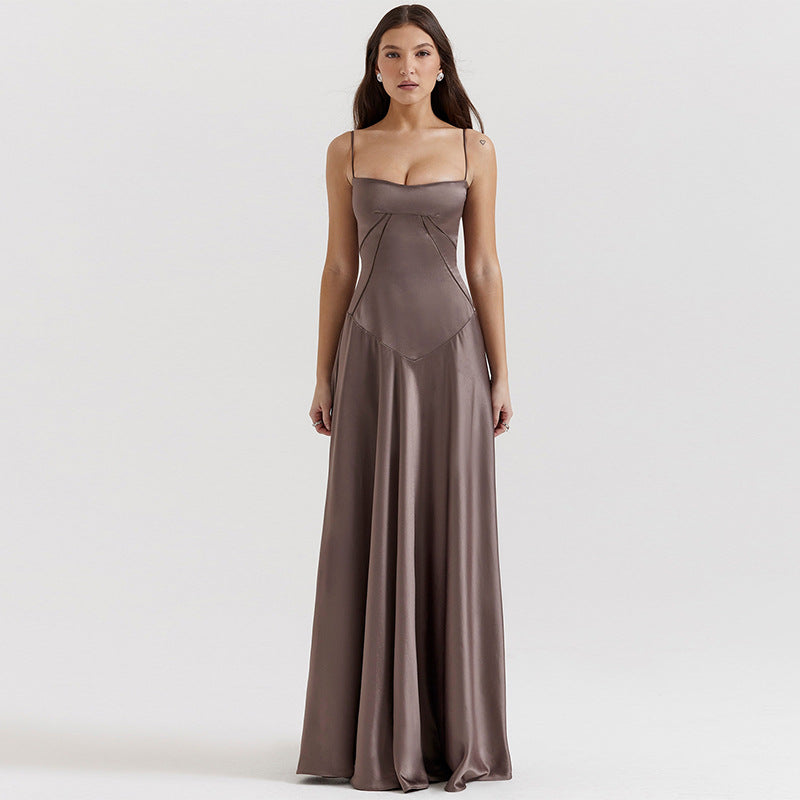W&W Mode | Abendkleid Satin Glanz Spaghetti Träger Rückenfrei Schmaler Schnitt Elegantes Kleid