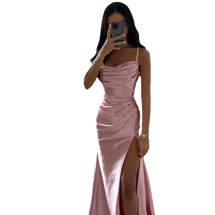 Damen-Satinkleid mit V-Ausschnitt, hoher Taille und Schlitz