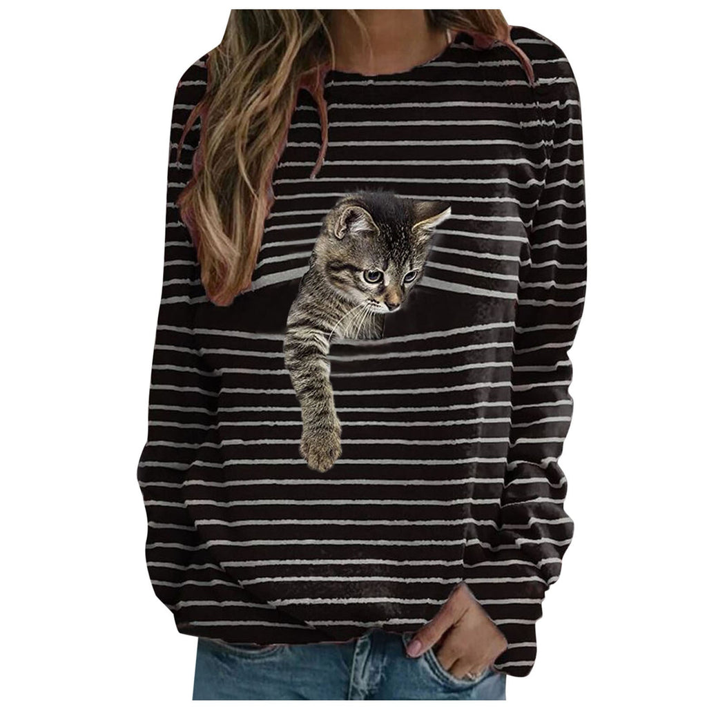 WW | Verspielt Katzen Druck Gestreiftes Damen T-Shirt