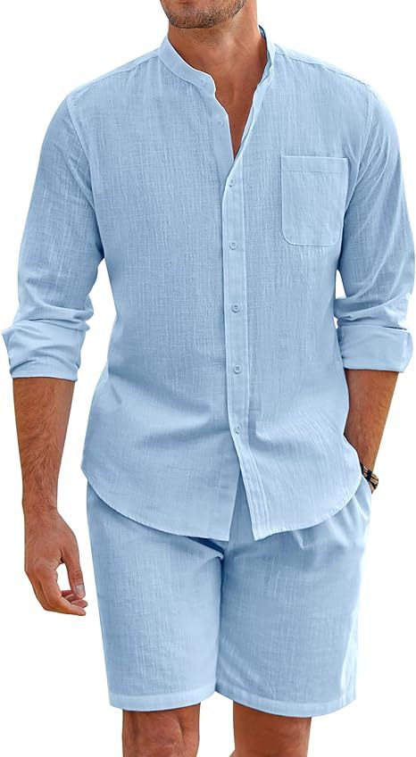 Herren Leichte und atmungsaktive Leinenhemden mit kurzer Hose WW