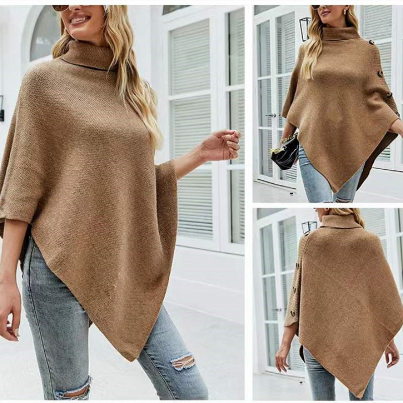 Damen Strick-Poncho mit steigendem Kragen und dekorativen Knopfdetails WW
