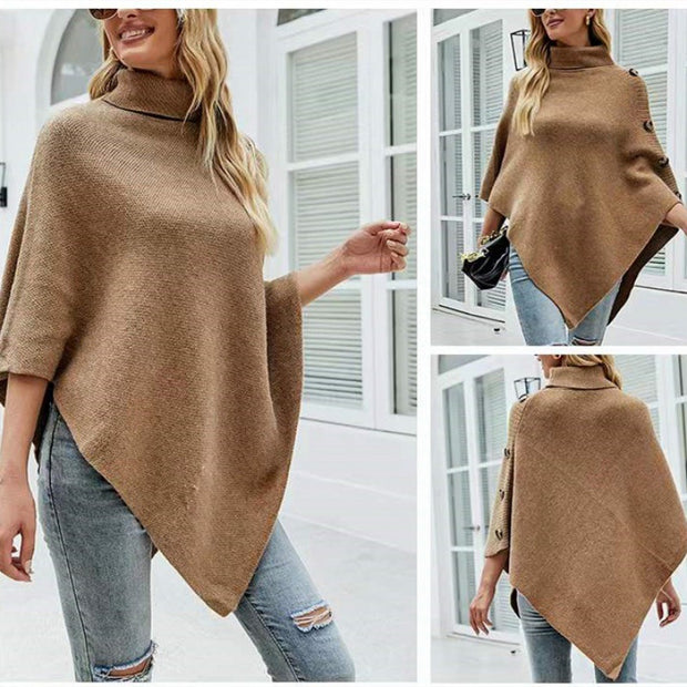 Damen Strick-Poncho mit steigendem Kragen und dekorativen Knopfdetails WW