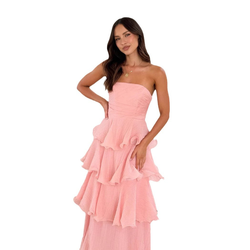 Damen Maxi-Rüschenkleid mit trägerlosem Design und fließendem Rock WW