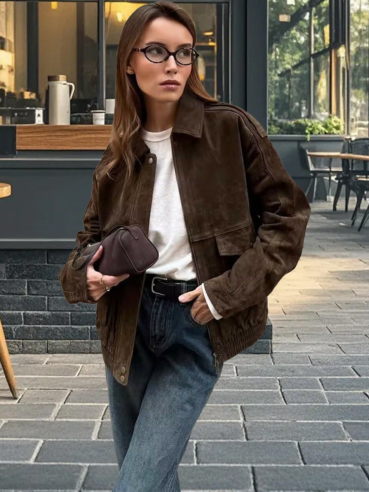 Damen lässige Wildlederjacke mit praktischen Taschen und hochgeschlossenem Kragen WW