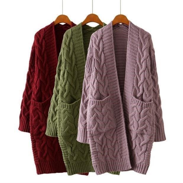 Damen Strickjacke mit grobem Zopfmuster und Taschen WW