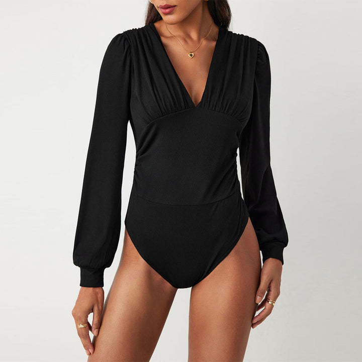 Damen Bodysuit mit eleganten Puffärmeln und tiefem V-Ausschnitt W&W Mode
