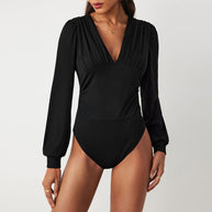 Damen Bodysuit mit eleganten Puffärmeln und tiefem V-Ausschnitt W&W