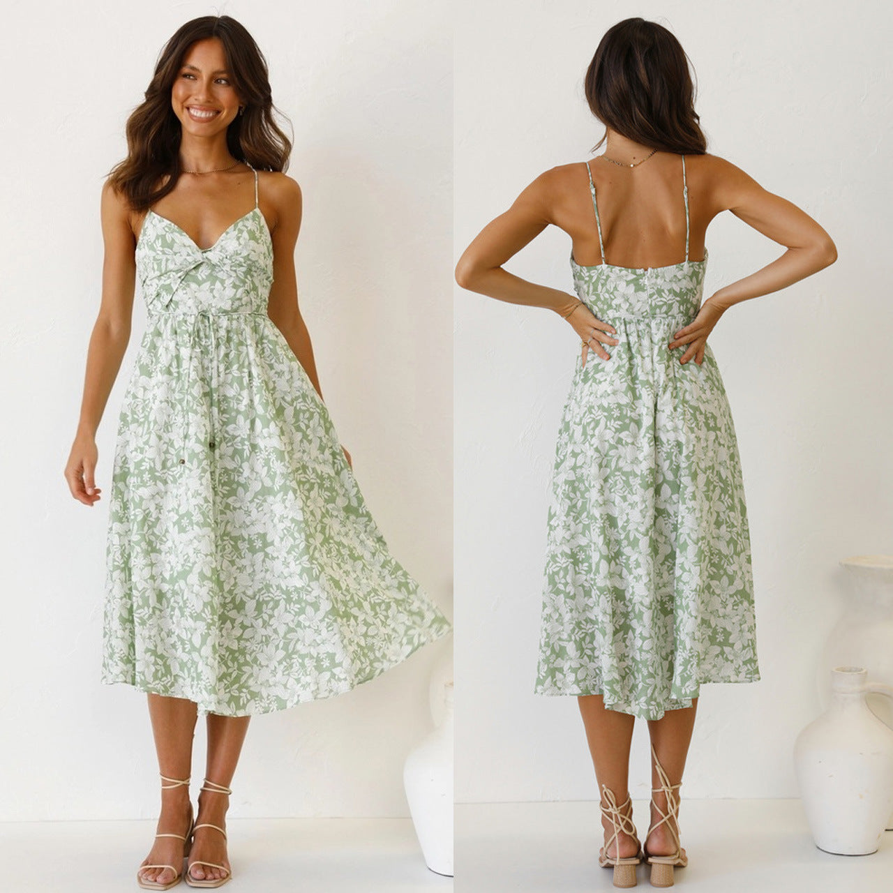 Damen Midikleid mit floralem Muster und verstellbaren Spaghettiträgern WW