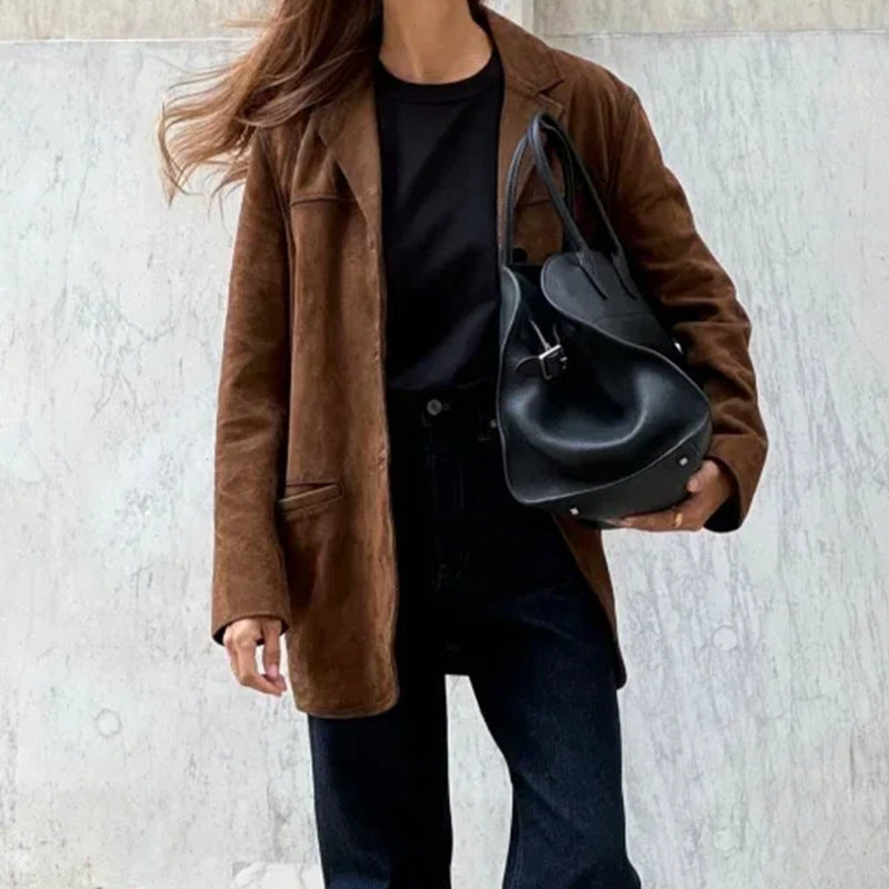 Damen Eleganter Blazer aus weichem Wildlederimitat mit schmalem Schnitt W&W Mode