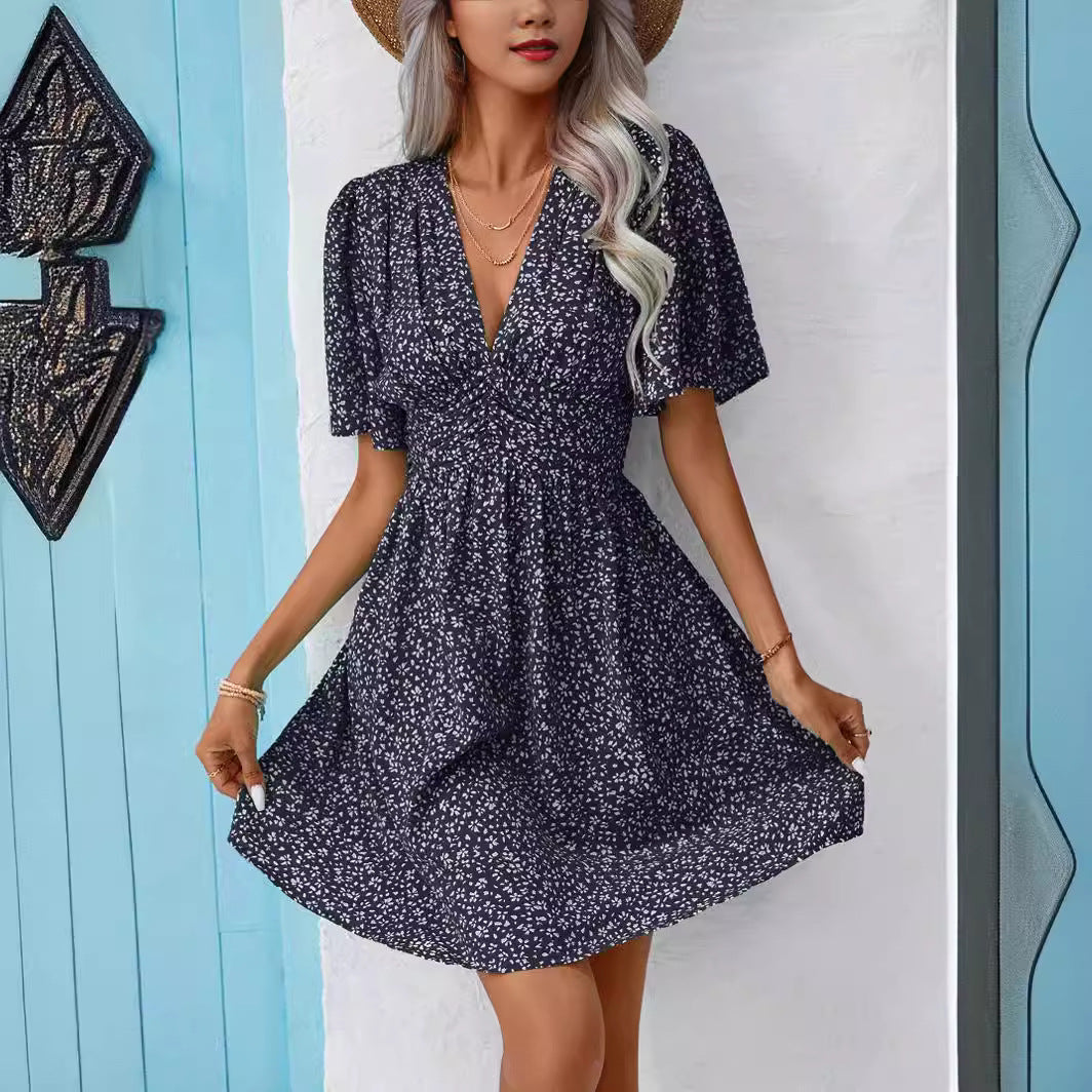 Damen Blütenmuster Kleid mit V-Ausschnitt und kurzen Ärmeln WW