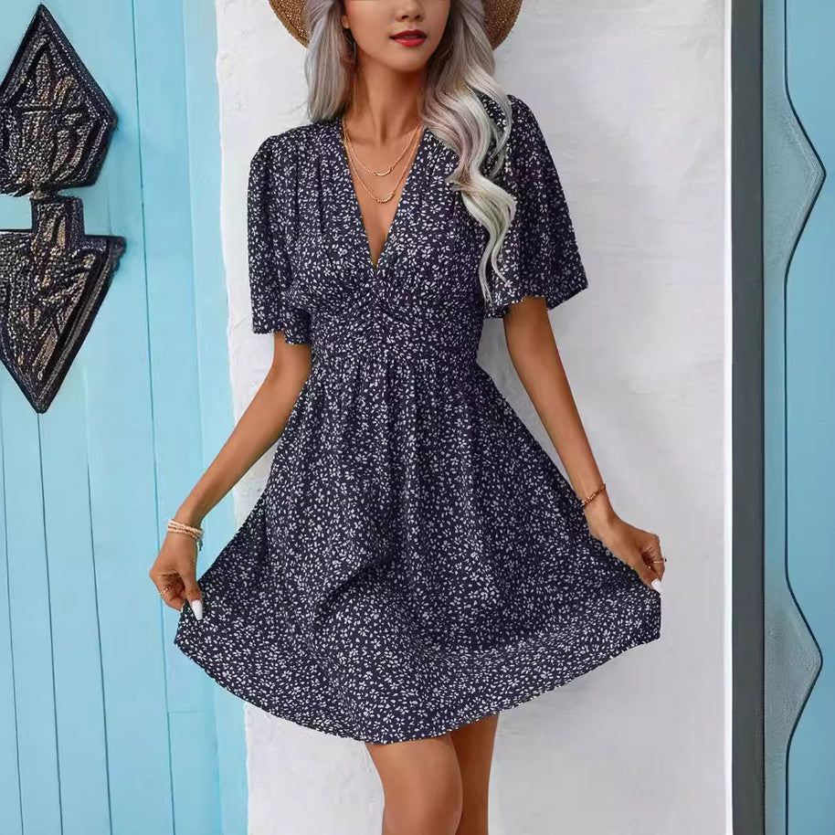 Damen Blütenmuster Kleid mit V-Ausschnitt und kurzen Ärmeln WW