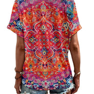 Damen Kurzarm Bluse mit dekorativem Musterdruck und knöpfbarem Ausschnitt WW