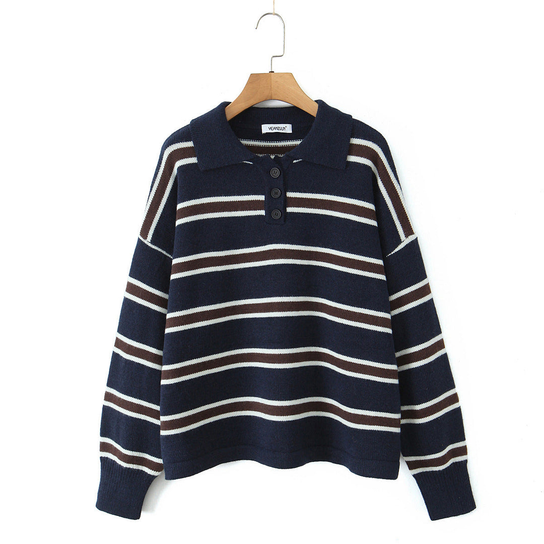 Damen modischer Polo-Pullover mit gestreiftem Design und Knopfleiste W&W Mode