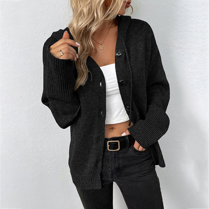 Damen lässige Strickjacke mit Kapuze und Knopfverschluss WW