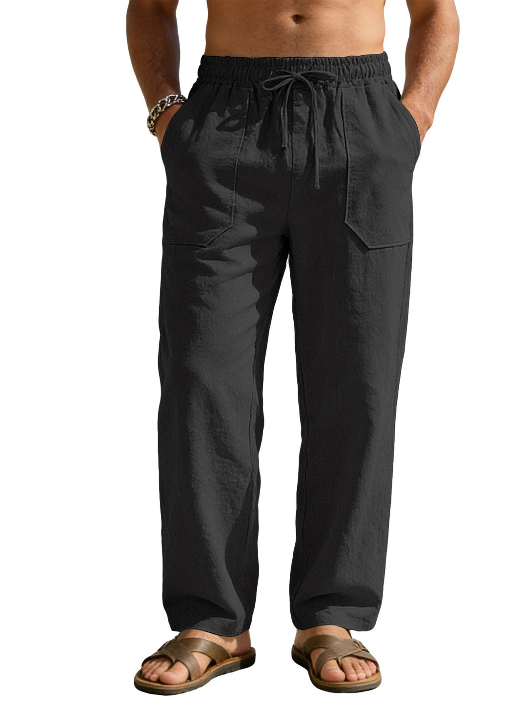 Herren nan weite Relaxhose aus Leinen-Mix mit Kordelbund und aufgesetzten Beintaschen W&W Mode