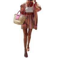 Damen Freizeitoberteil mit lässiger Strickoptik und gestreiften Shorts WW