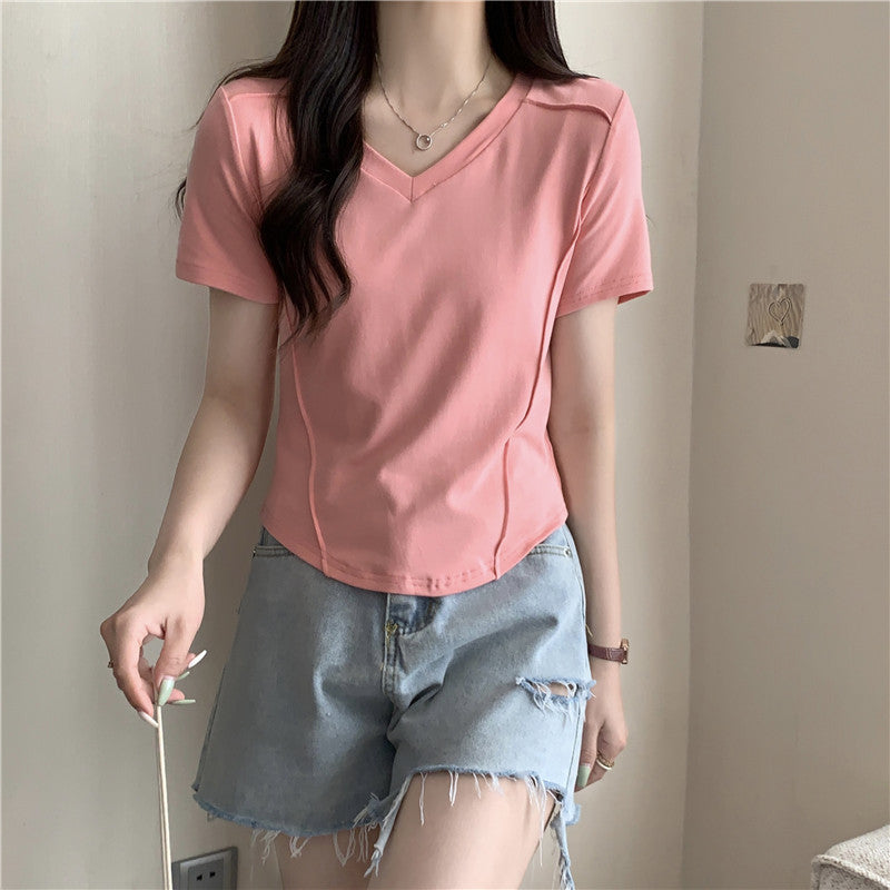 Damen V-Ausschnitt Lässig Enges T-Shirt WW