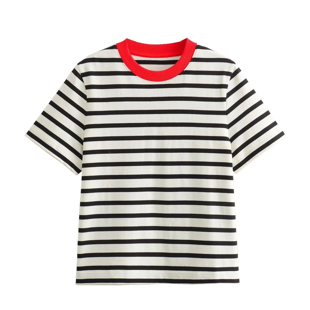 Damen Freizeit T-Shirt mit kontrastierendem Kragen und lässigem Streifenmuster W&W Mode