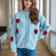 Damen Strickjacke mit verspieltem Erdbeermotiv und Knopfdetails WW
