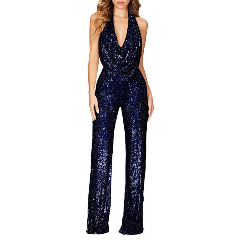 Damen Glamouröser Jumpsuit mit schimmerndem Paillettenbesatz und tiefem V-Ausschnitt WW
