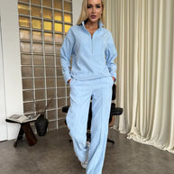 Damen sportliches Fleece-Set mit hohem Kragen und weitem Bein WW