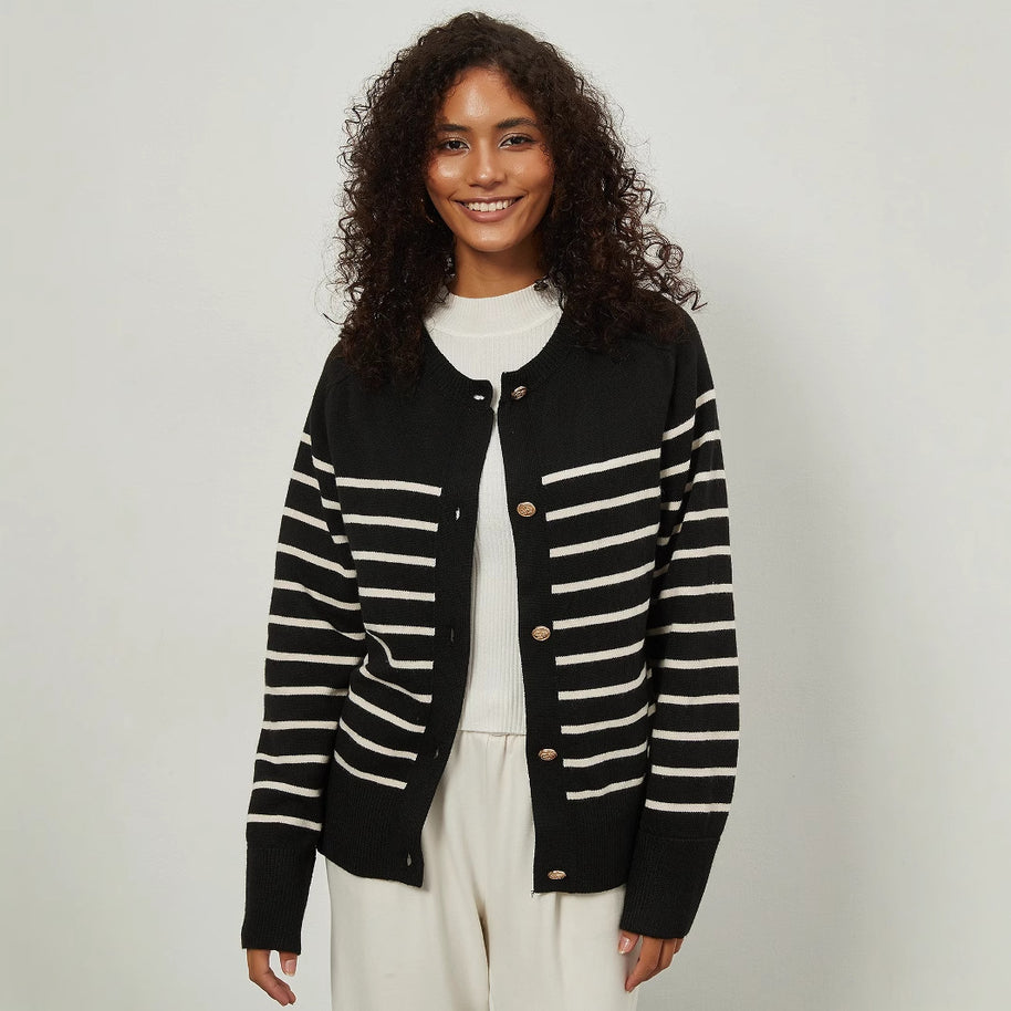Damen Strickjacke mit gestreiftem Muster und eleganten Knopfdetails WW