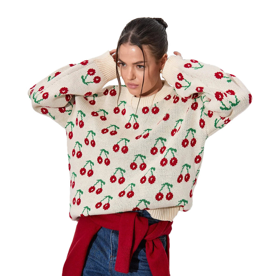 Damen Strickpullover mit fruchtigem Muster WW