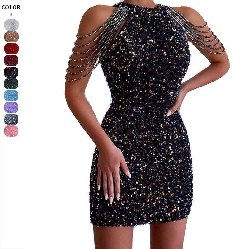 Damen Funkelndes Partykleid mit schimmernden Pailletten und eleganten Schulterdetails WW