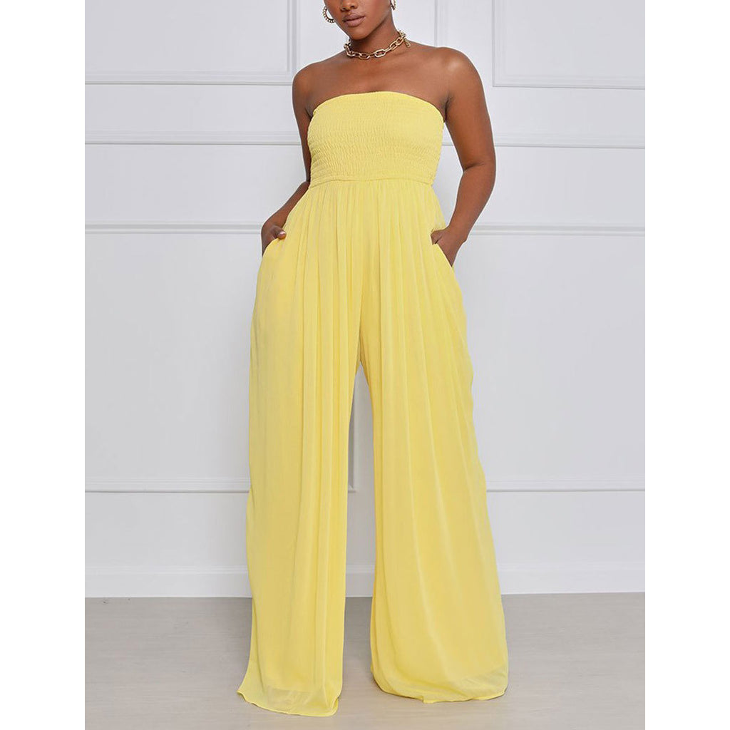 Damen eleganter Jumpsuit mit schulterfreiem Design und elastischem Oberteil WW