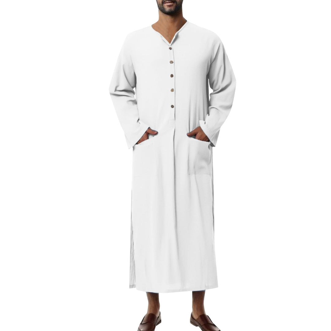 Herren nan weites langes Tunika-Kaftan aus atmungsaktivem Leinen mit Stehkragen Knopfblende und aufgesetzten Taschen W&W Mode