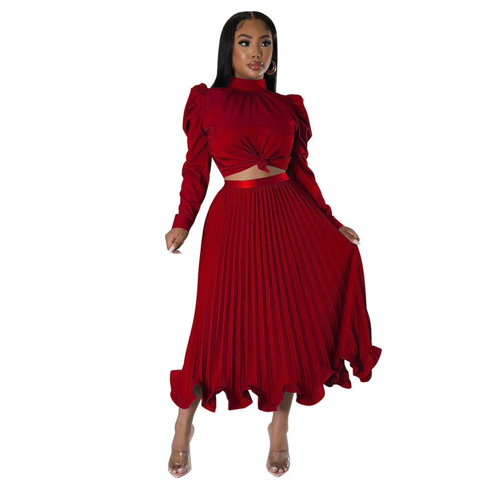Damen elegantes Plissee-Kleid mit hochgeschlossenem Kragen und Volants WW