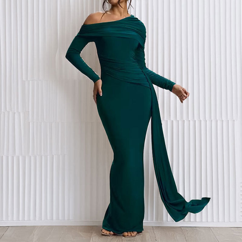 Damen Elegantes One-Shoulder Abendkleid mit figurformendem Schnitt und langen Ärmeln W&W Mode