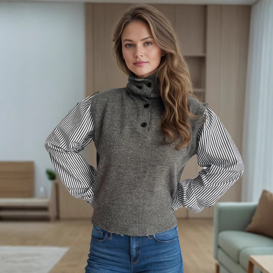 Damen Strickpullover mit modernem Kragen und eleganten gestreiften Ärmeln WW