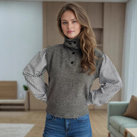 Damen Strickpullover mit modernem Kragen und eleganten gestreiften Ärmeln WW