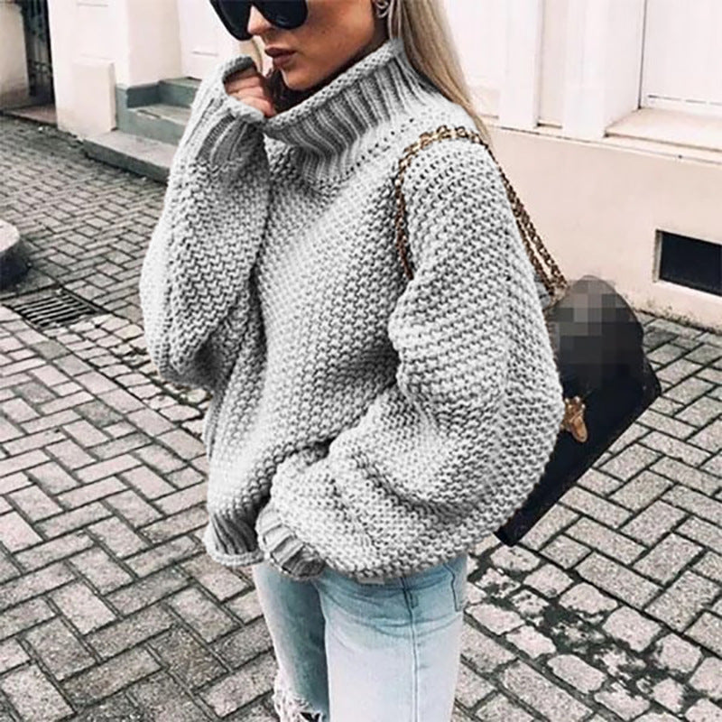Damen Grobstrickpullover mit hohem Kragen und lässigem Schnitt WW