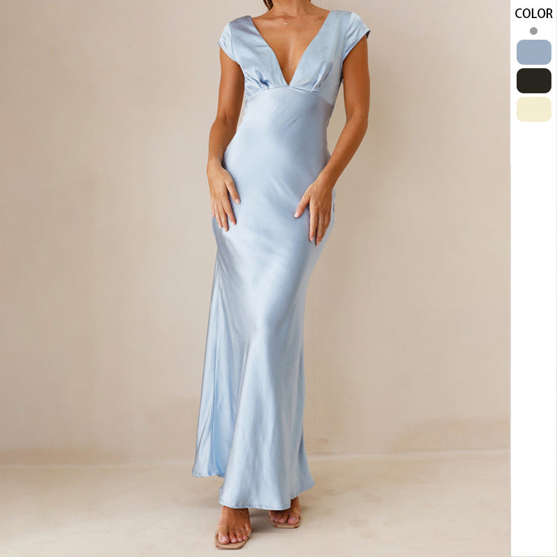 Damen elegantes Maxikleid mit tiefem V-Ausschnitt und fliessendem Satin-Finish WW