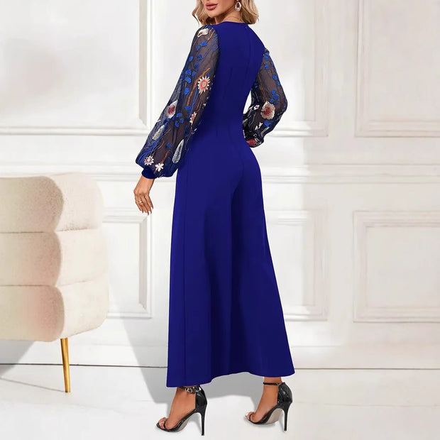 Damen elegante Jumpsuit mit floralen Spitzenärmeln und weitem Bein W&W
