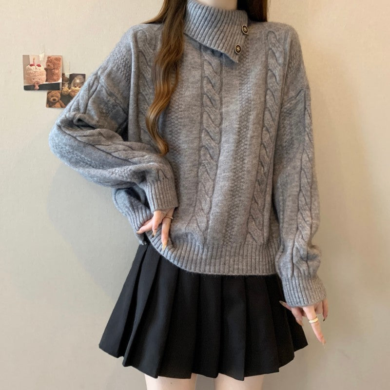 Damen Strickpullover mit Stehkragen und Zopfmuster WW