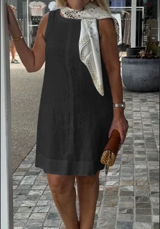 Damen Sommerkleid aus leichtem Leinenstoff mit modischem Halstuch WW