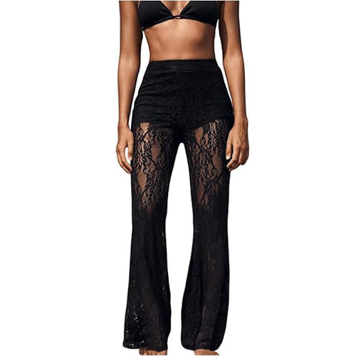 Damen elegante Spitzenhose mit hohem Bund und weit geschnittenem Bein WW