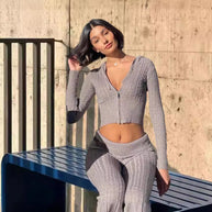 Damen Strickanzug mit Reißverschluss und weitem Bein WW