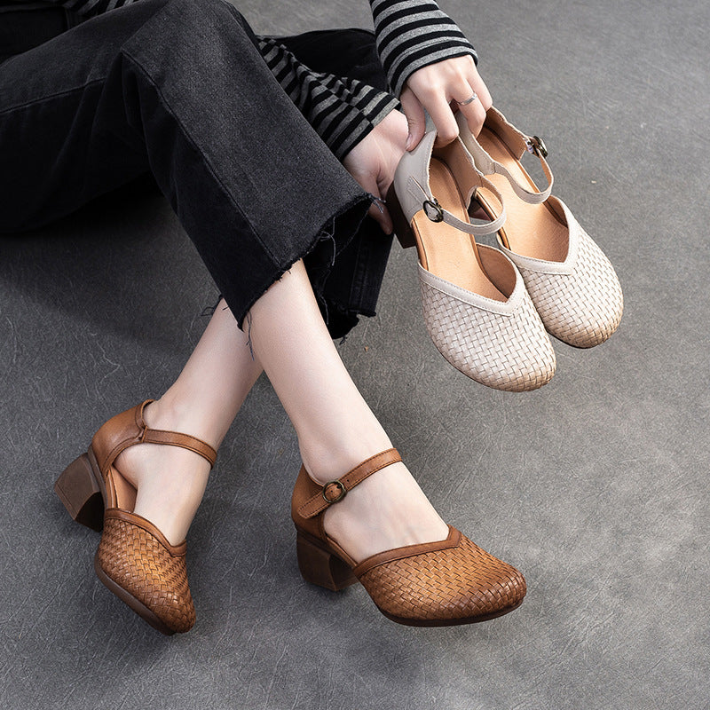 Damen geflochtene Riemchen-Pumps mit komfortablem Blockabsatz und anatomischer Sohle WW