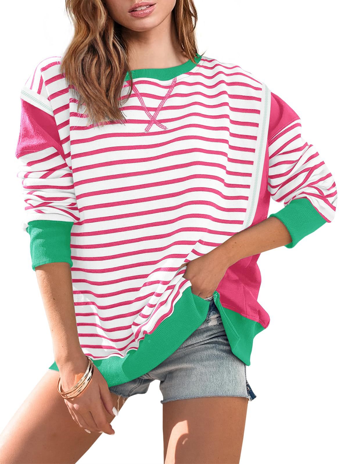 Damen gestreifter Sweatshirt mit übergroßem Schnitt WW