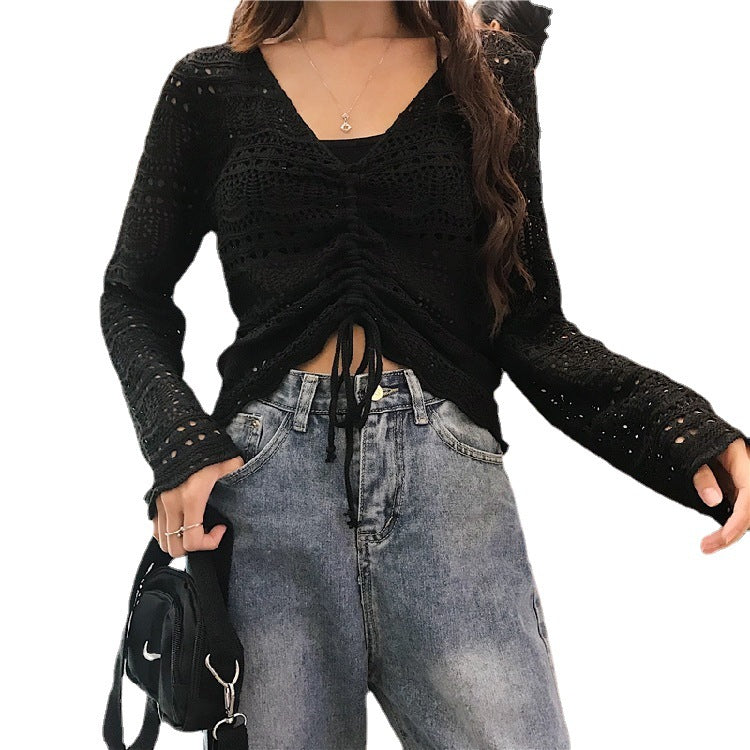 Damen Strickbluse mit dekorativem Lochmuster und verstellbarem Kordelzug WW