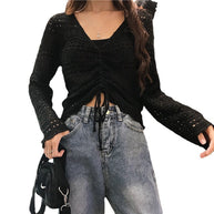 Damen Strickbluse mit dekorativem Lochmuster und verstellbarem Kordelzug WW