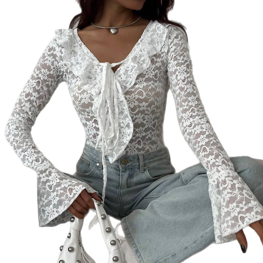 Damen Spitzenbodysuit mit verspieltem Rüschendetail und V-Ausschnitt WW