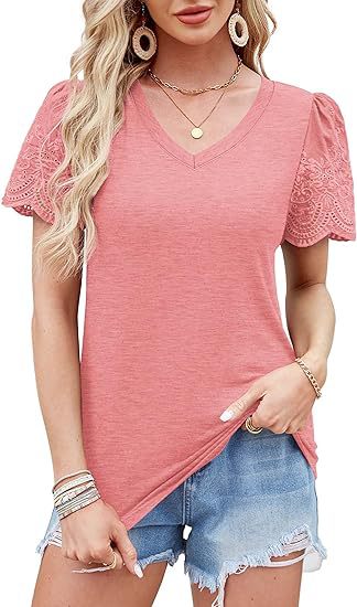 Damen V-Ausschnitt T-Shirt mit Spitzenärmeln WW