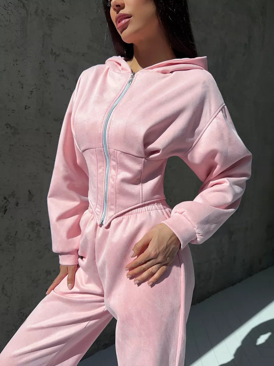 Damen sportlicher Jumpsuit mit Reißverschluss und Kapuze WW