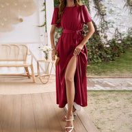 Damen Maxikleid mit tiefem Schlitz und Taillengürtel WW