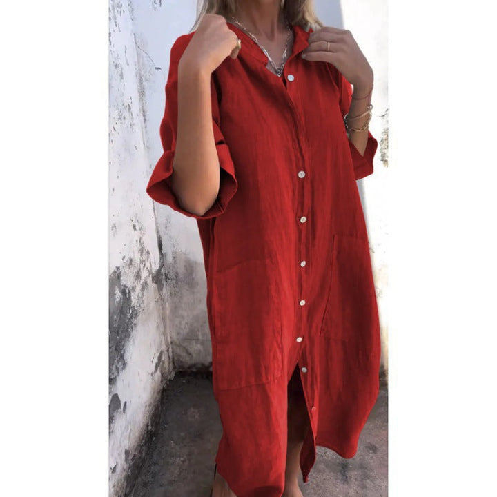 W&W Mode | Lockere lässige Baumwolle-Leinen Hemdkleid mit halben Ärmeln